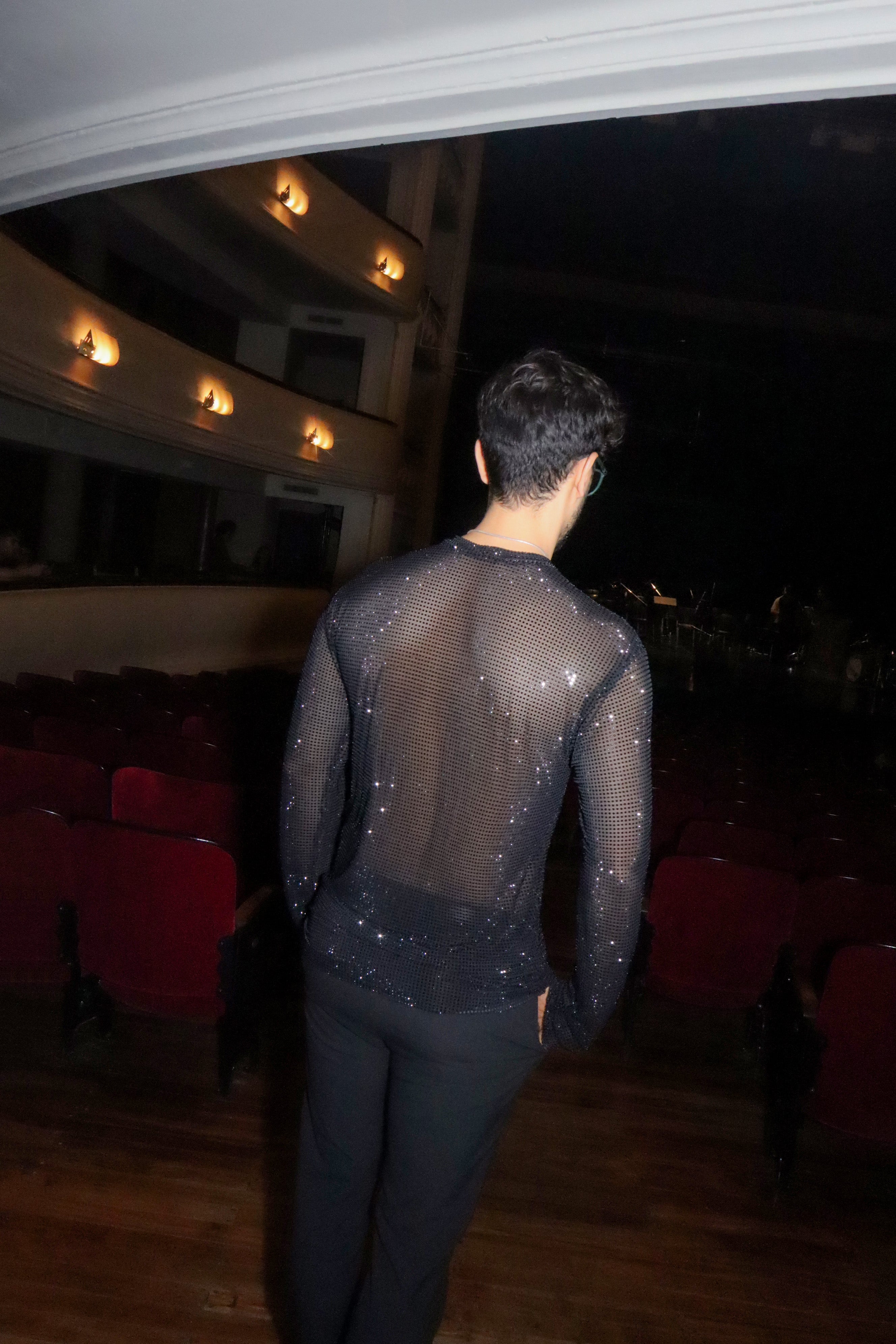 Black Crystal Mesh Long-Sleeve Shirt