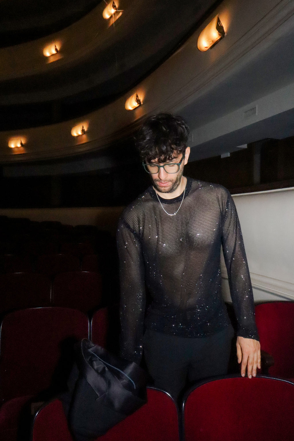 Black Crystal Mesh Long-Sleeve Shirt