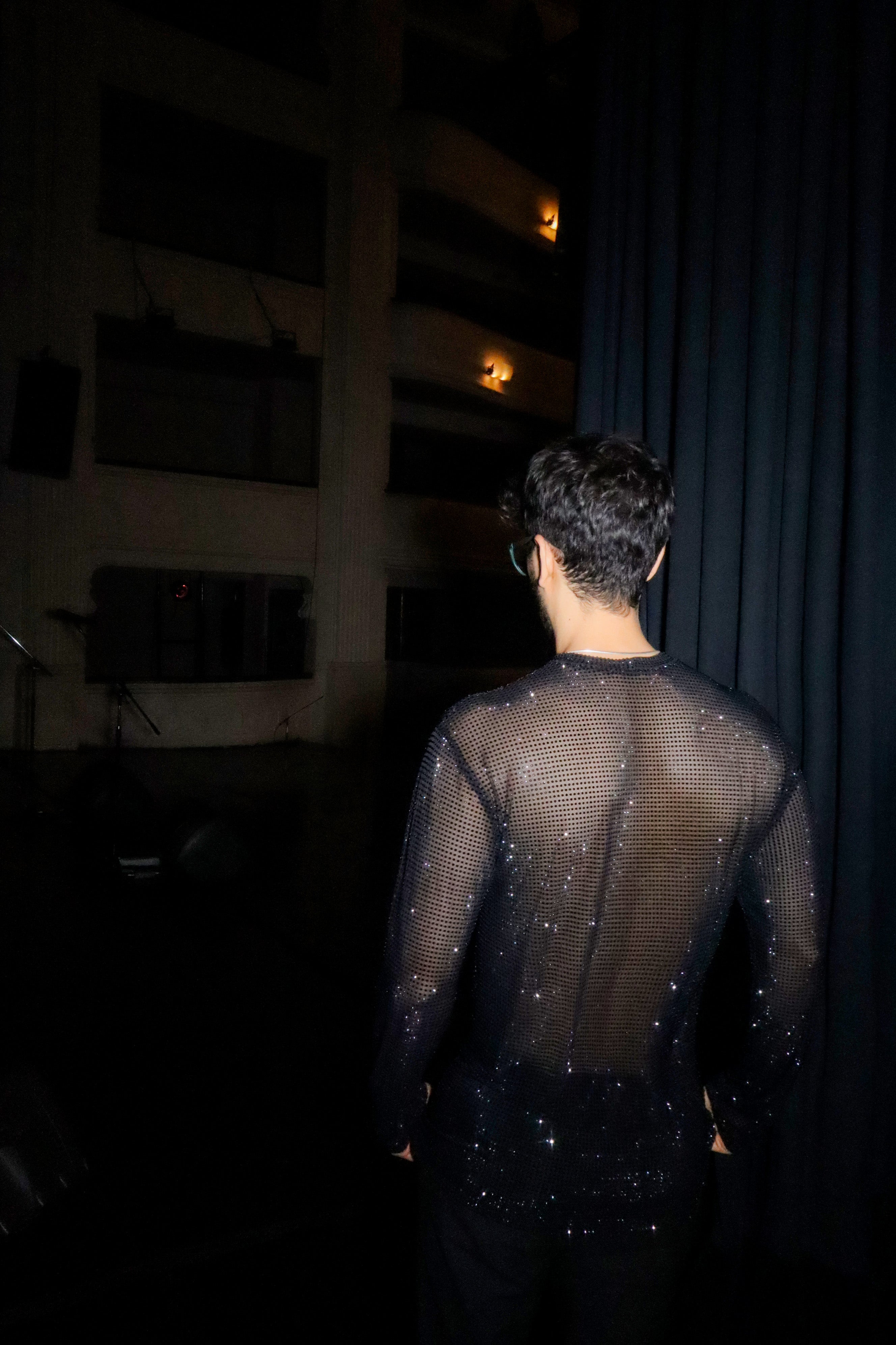 Black Crystal Mesh Long-Sleeve Shirt