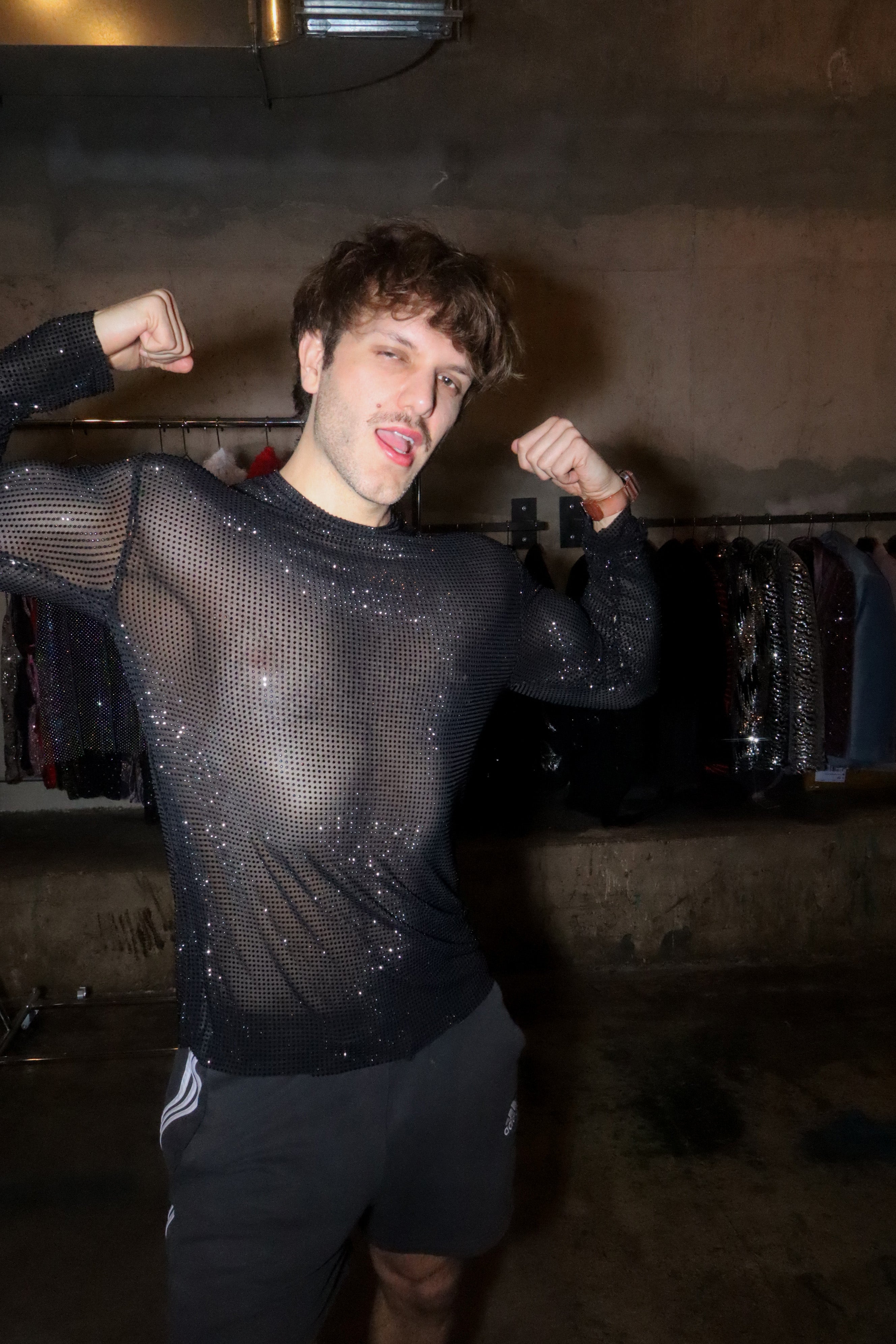 Black Crystal Mesh Long-Sleeve Shirt