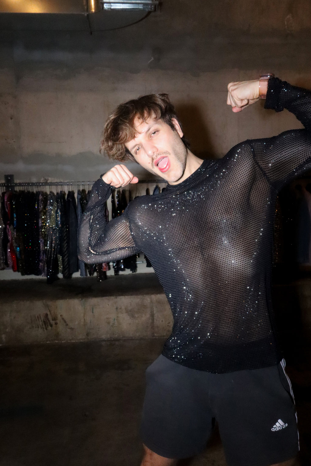 Black Crystal Mesh Long-Sleeve Shirt