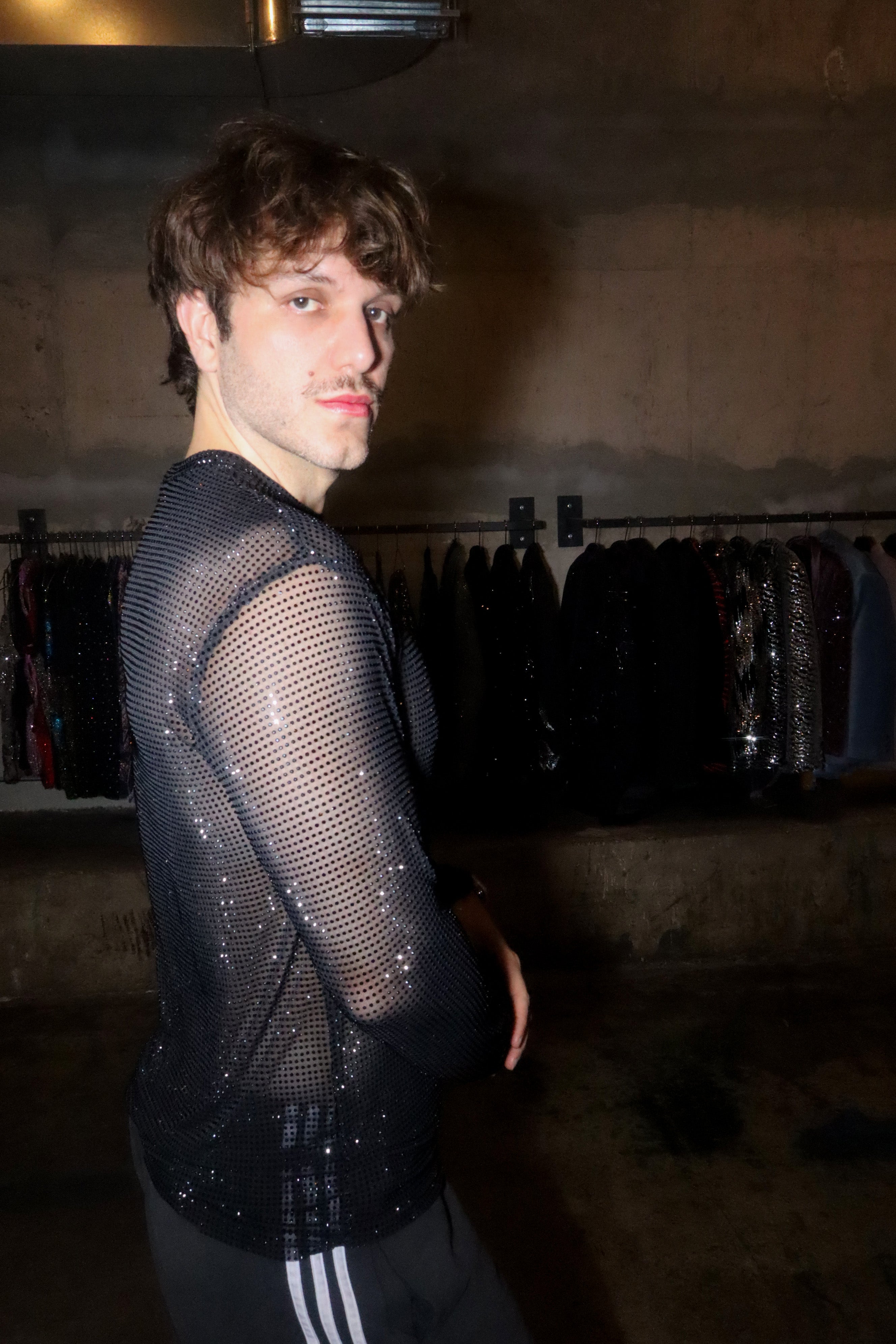 Black Crystal Mesh Long-Sleeve Shirt