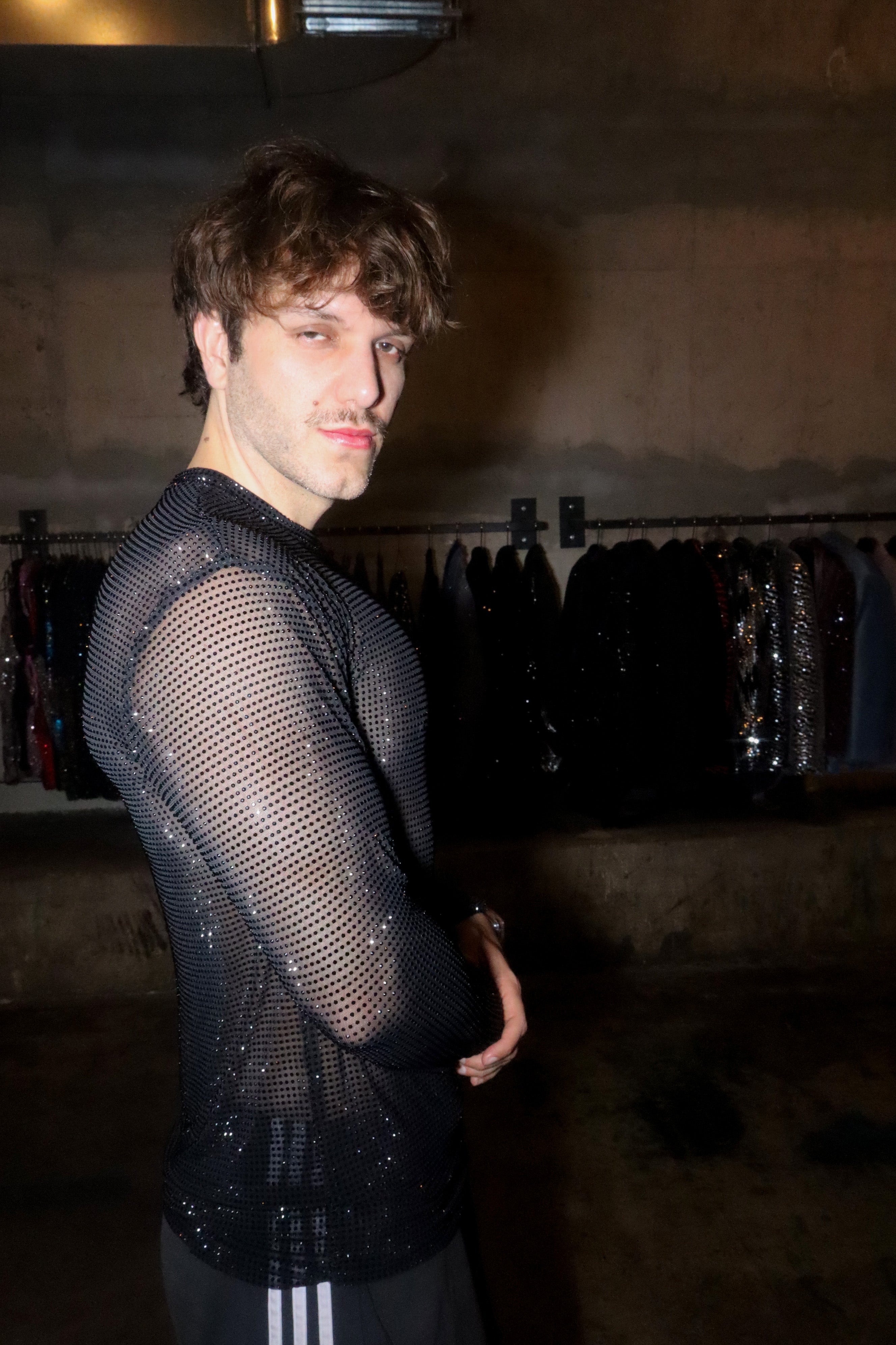 Black Crystal Mesh Long-Sleeve Shirt