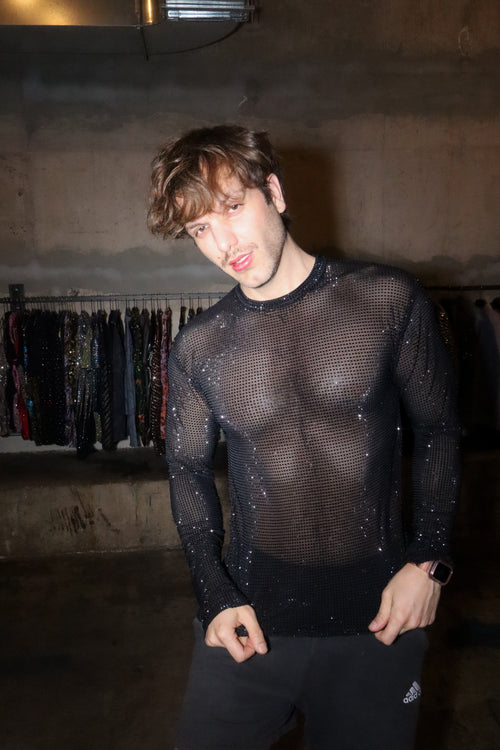 Black Crystal Mesh Long-Sleeve Shirt