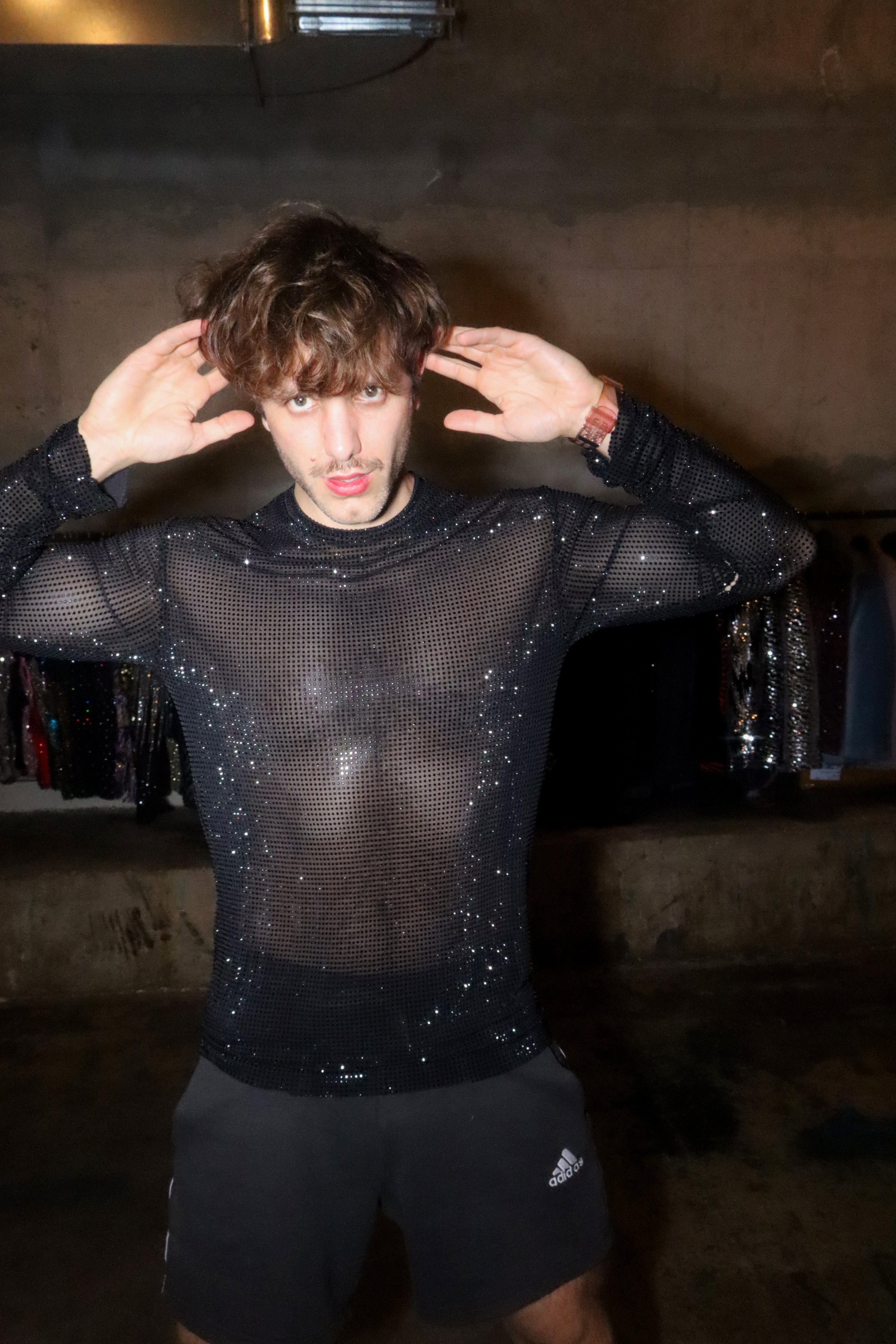 Black Crystal Mesh Long-Sleeve Shirt