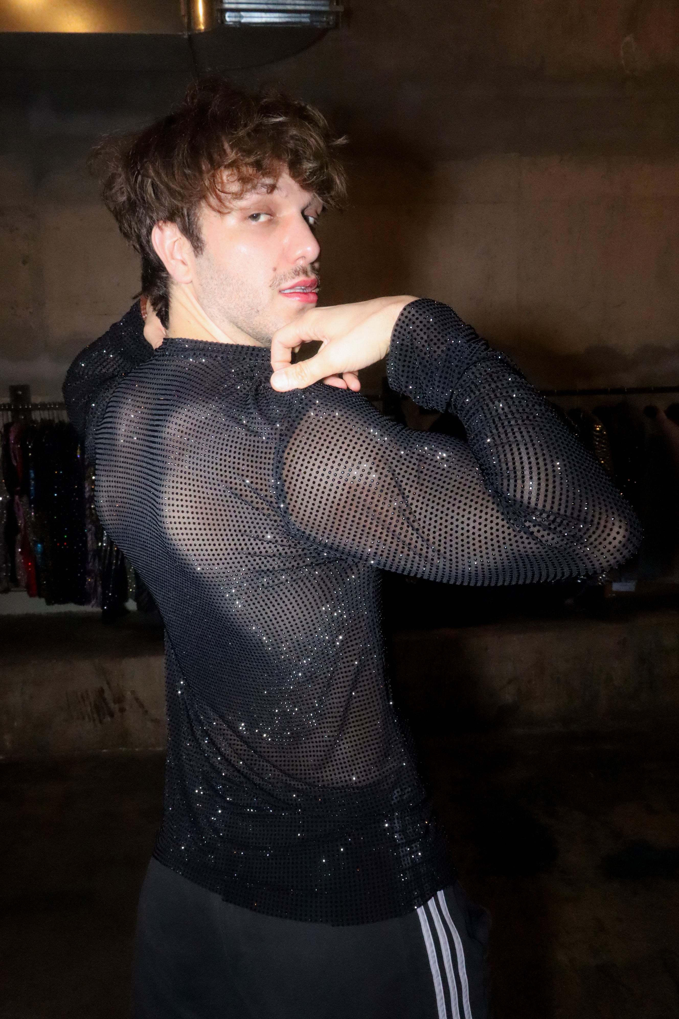 Black Crystal Mesh Long-Sleeve Shirt
