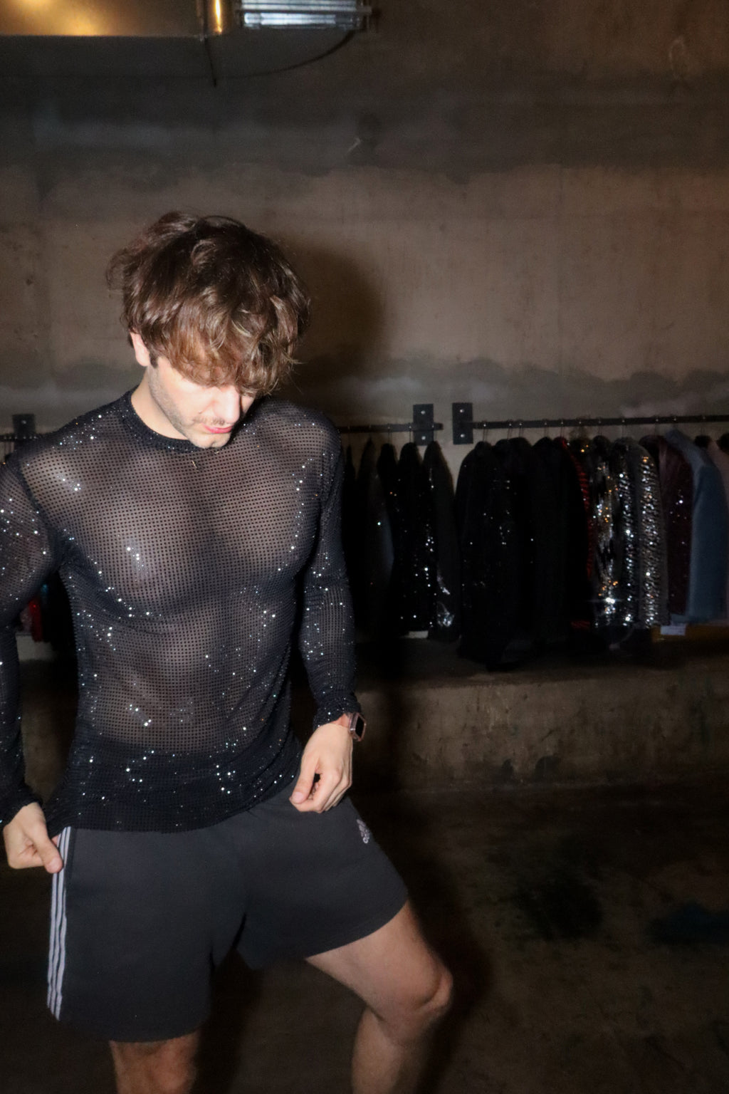 Black Crystal Mesh Long-Sleeve Shirt