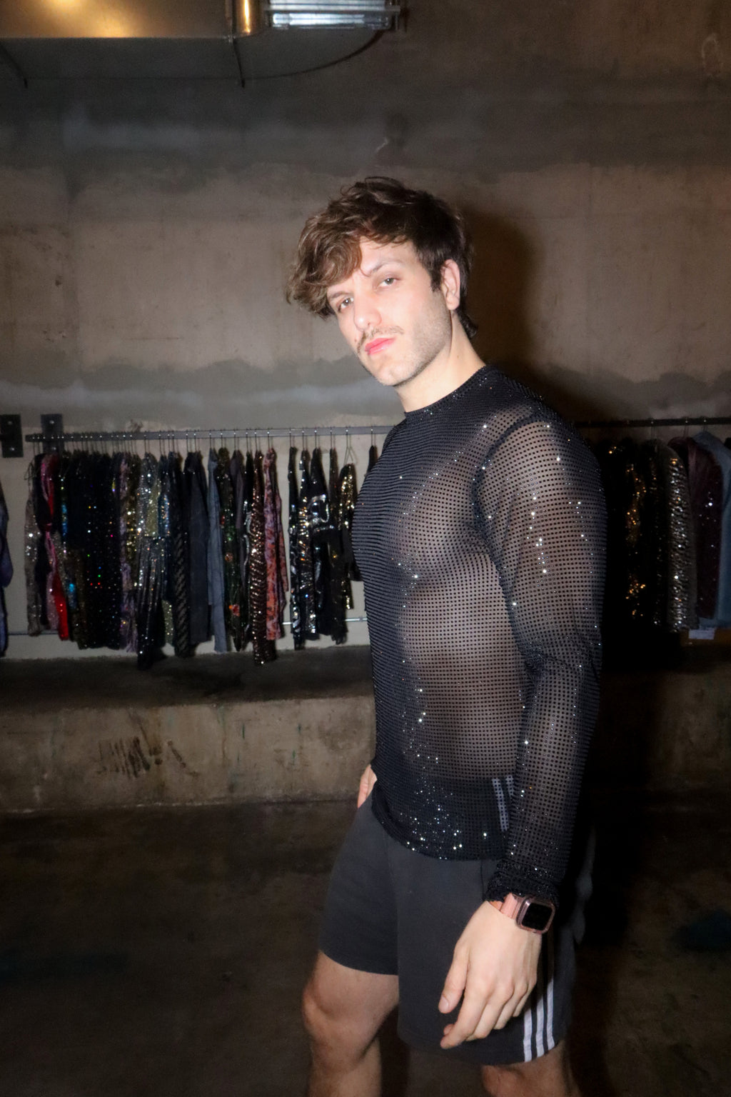 Black Crystal Mesh Long-Sleeve Shirt