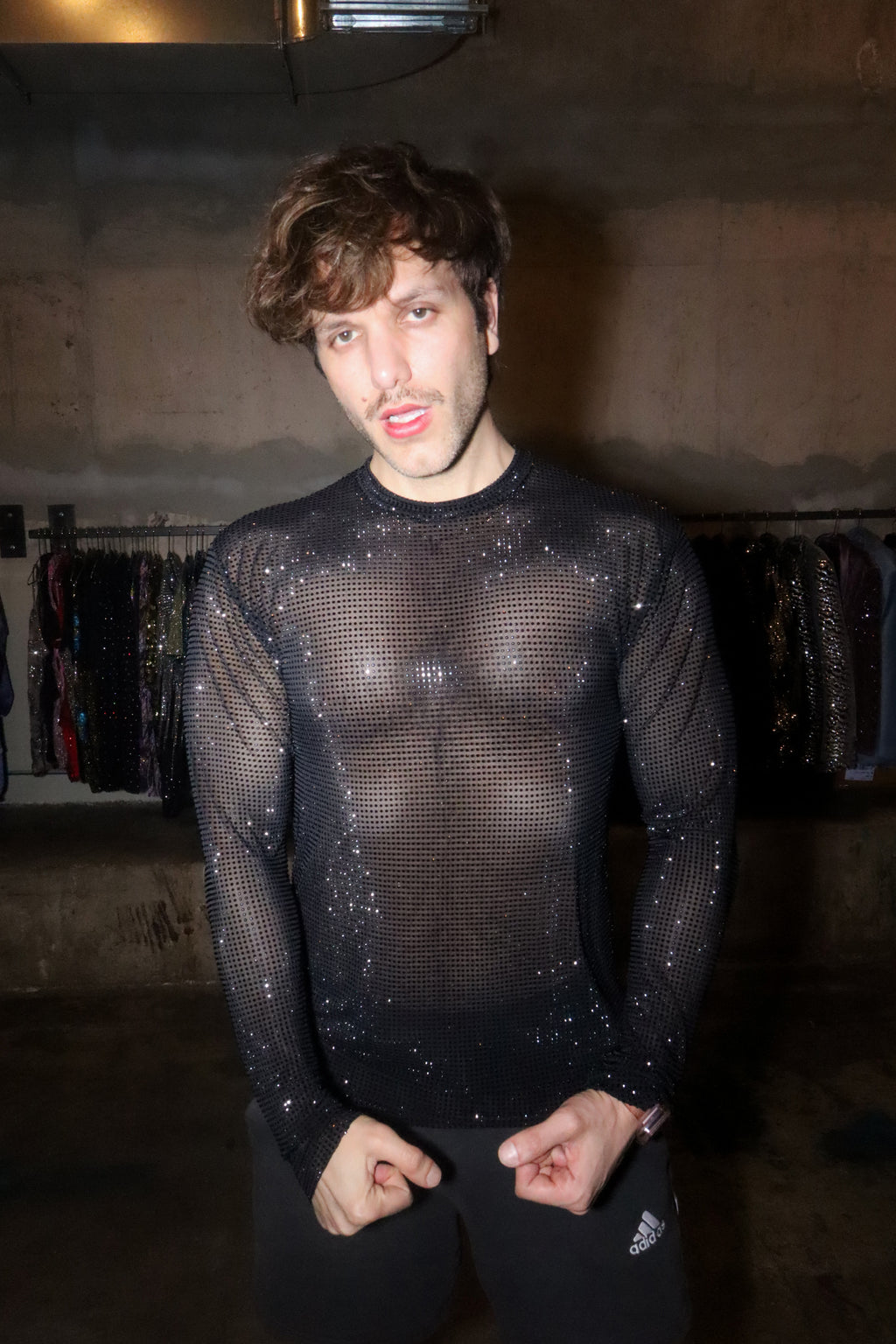 Black Crystal Mesh Long-Sleeve Shirt