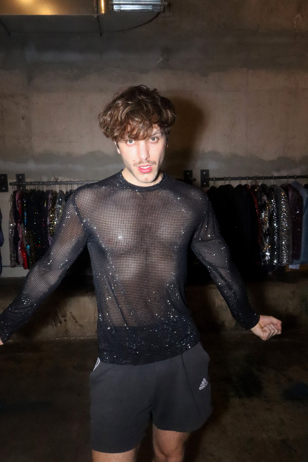 Black Crystal Mesh Long-Sleeve Shirt
